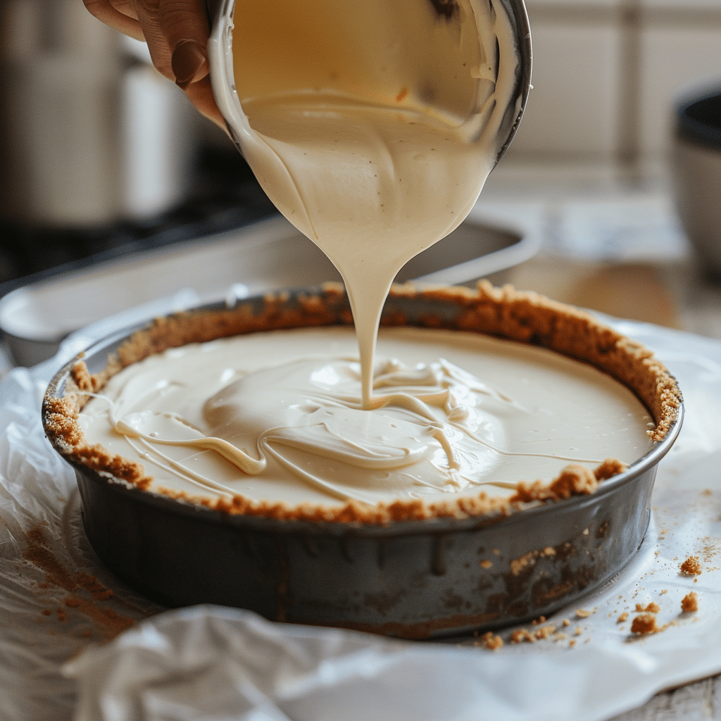 Best Cheesecake Recipe for Beginners: 5 Easy Steps to Delicious Dessert 8 creamy cheesecake batter poured into graham cracker crust