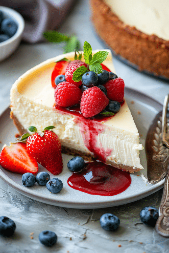 Best Cheesecake Recipe for Beginners: 5 Easy Steps to Delicious Dessert 9 slice of baked cheesecake topped with strawberries and berry sauce