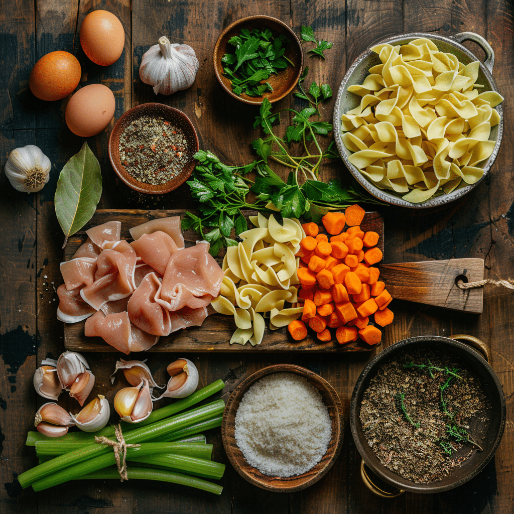 ingredients for chicken noodle soup with chicken noodles carrots celery onion and herbs