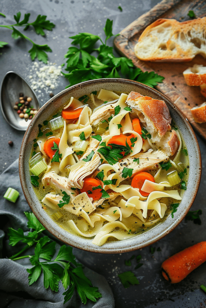 hot chicken noodle soup served with parsley and crusty bread