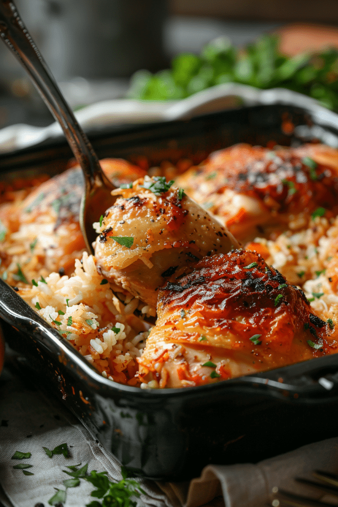 serving baked chicken thighs with fluffy seasoned rice