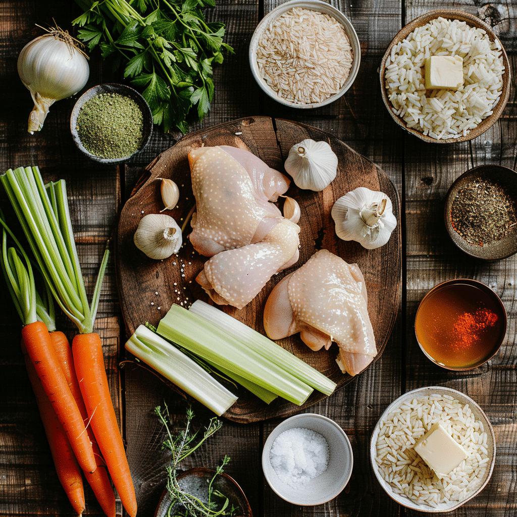 ingredients for baked chicken and rice including chicken thighs rice vegetables and broth