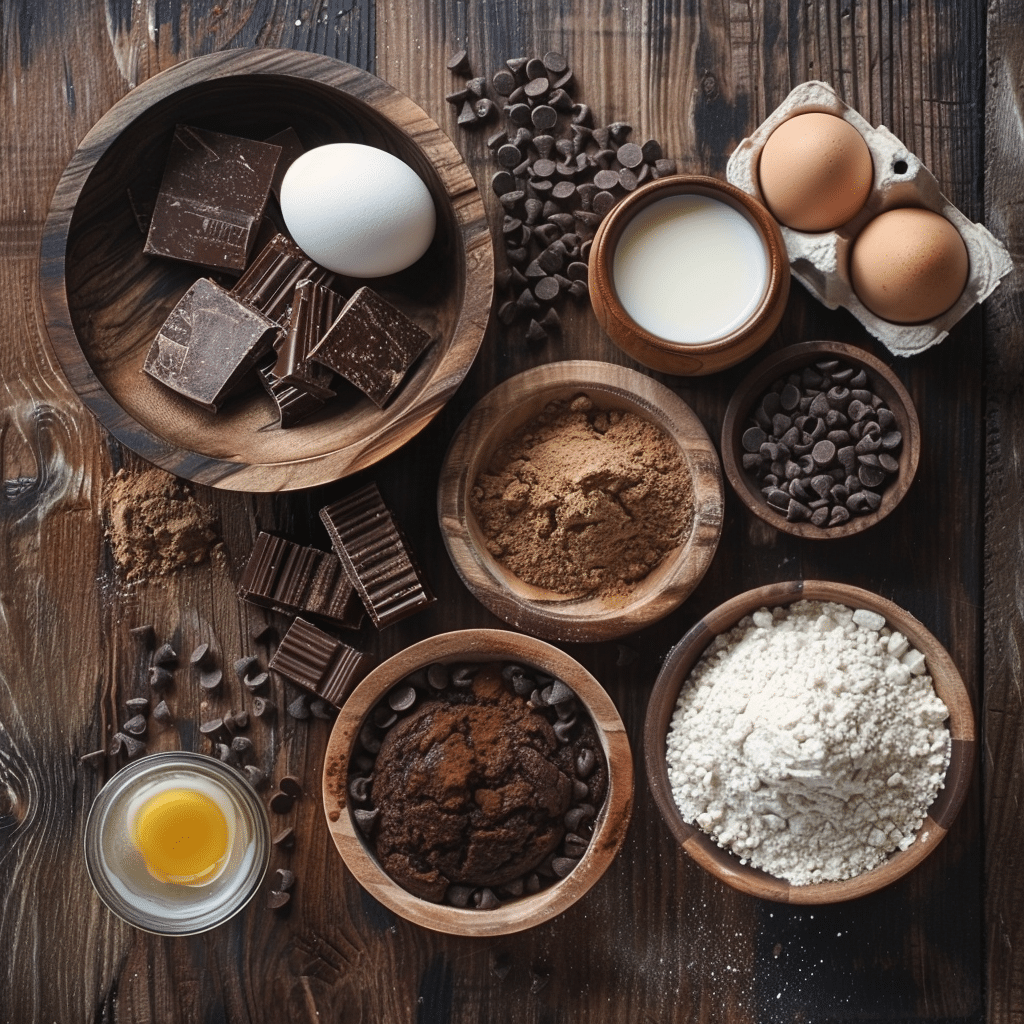ingredients for chocolate muffins cocoa flour eggs milk sugar chocolate chips