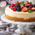 creamy baked cheesecake with graham cracker crust and berries