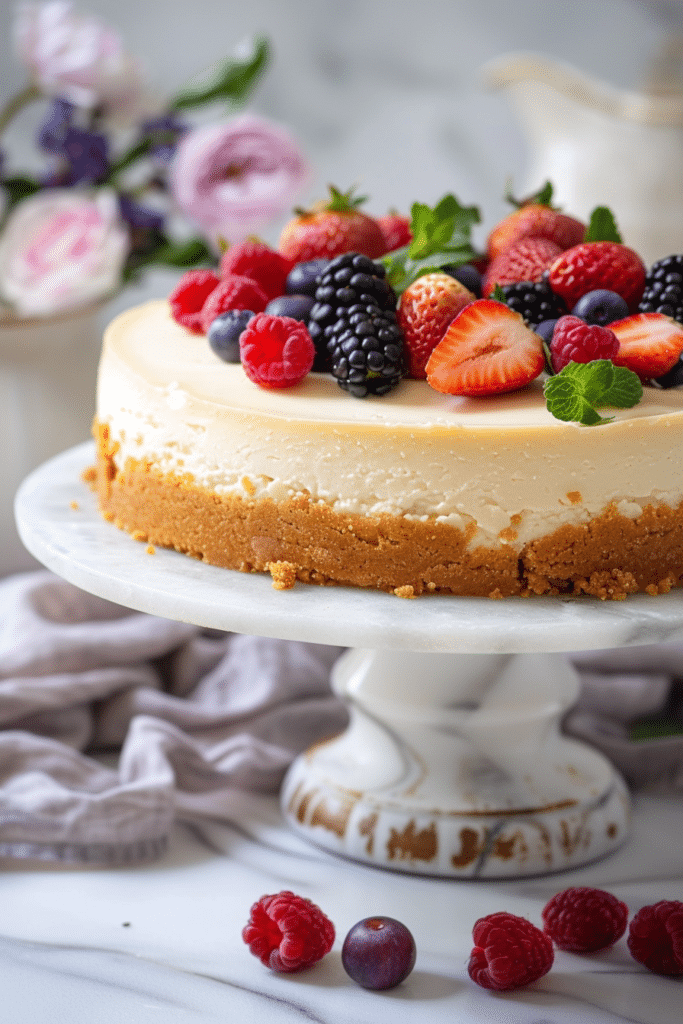 creamy baked cheesecake with graham cracker crust and berries