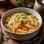 classic chicken noodle soup with shredded chicken egg noodles carrots and celery