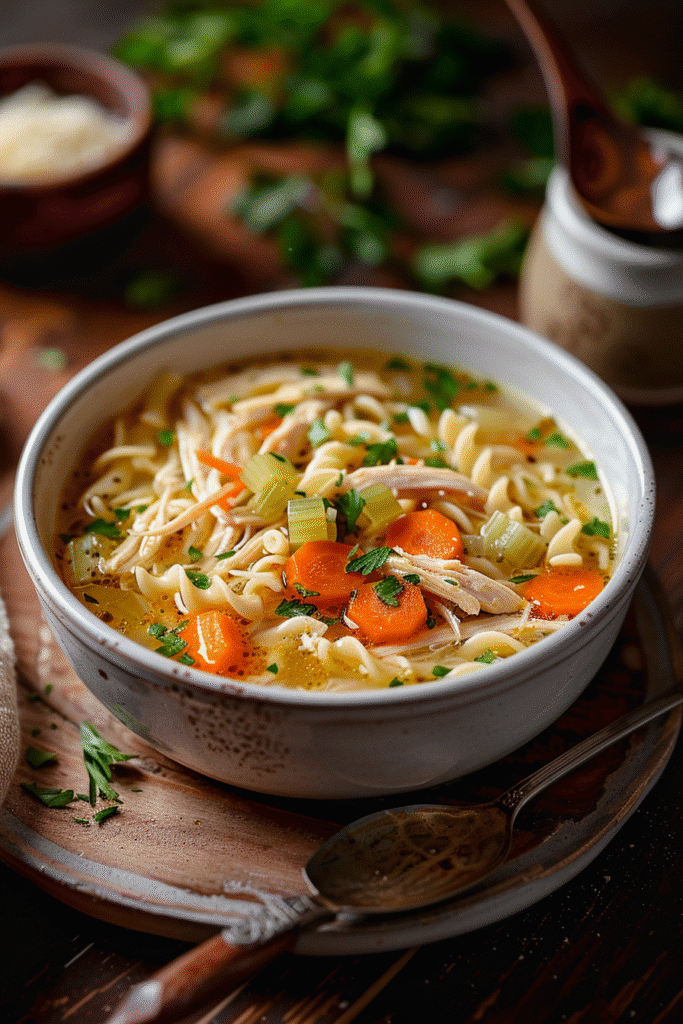 classic chicken noodle soup with shredded chicken egg noodles carrots and celery