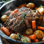 tender Dutch oven pot roast with carrots potatoes and rich gravy