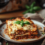 classic homemade lasagna with meat sauce ricotta mozzarella and parmesan cheese