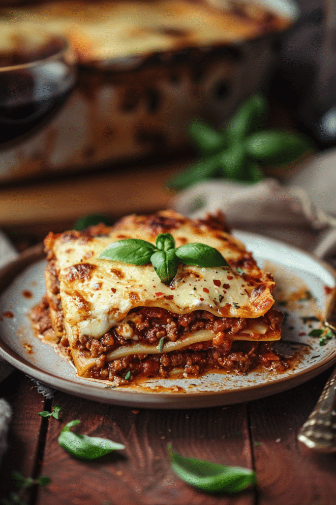 classic homemade lasagna with meat sauce ricotta mozzarella and parmesan cheese