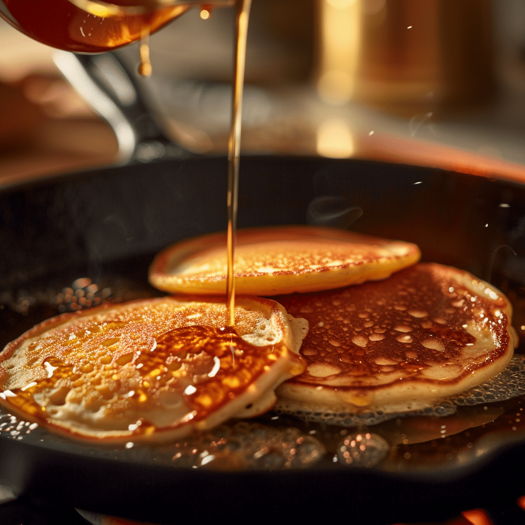 pancake batter cooking on skillet with bubbles forming on surface