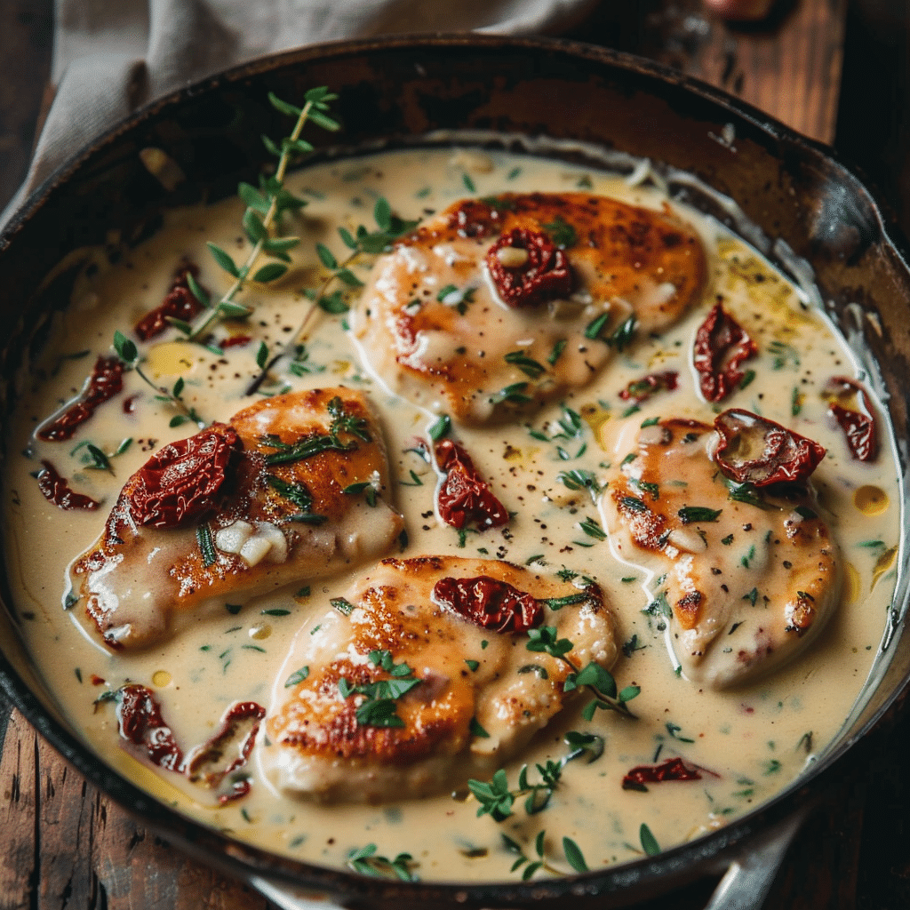 chicken simmering in creamy parmesan garlic sauce in skillet