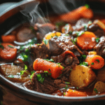 hearty homemade beef stew with potatoes carrots and rich broth in Dutch oven