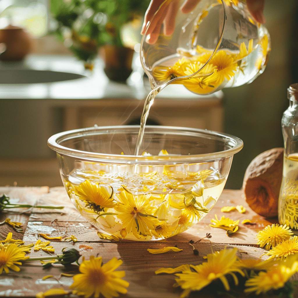 pouring hot water over dandelion petals to make lemonade infusion