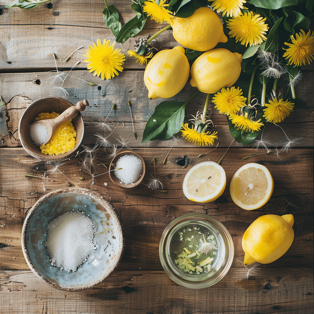 ingredients for dandelion lemonade including dandelion flowers lemons sugar and water