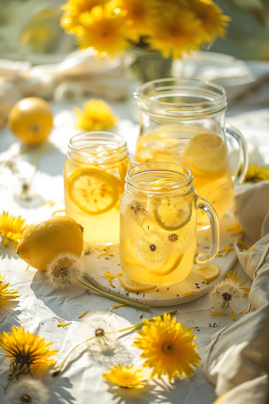 dandelion lemonade with lemon slices and edible flowers in glass