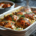 baked chicken and rice casserole with crispy chicken thighs and fluffy rice