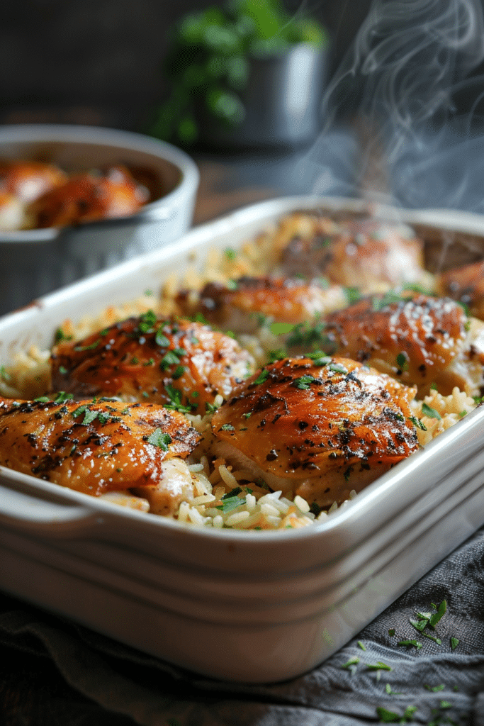 baked chicken and rice casserole with crispy chicken thighs and fluffy rice