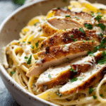 creamy chicken alfredo pasta with sliced chicken and parmesan sauce