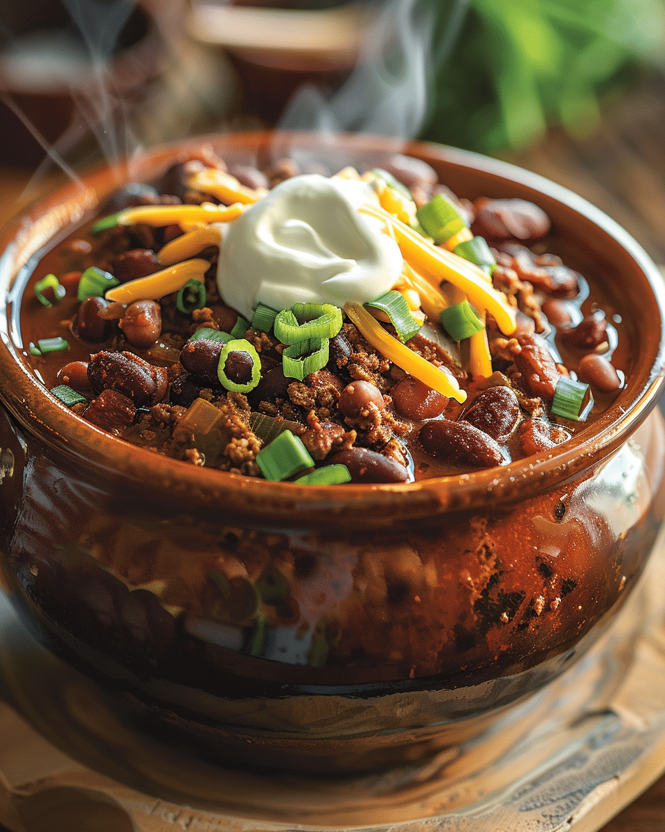 hearty beef chili with ground beef beans cheese and sour cream in rustic bowl