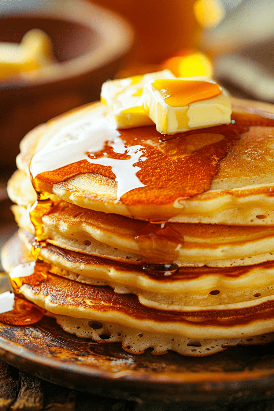 fluffy homemade pancakes stacked with maple syrup and butter