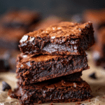 fudgy homemade brownies with crackly tops stacked on parchment paper