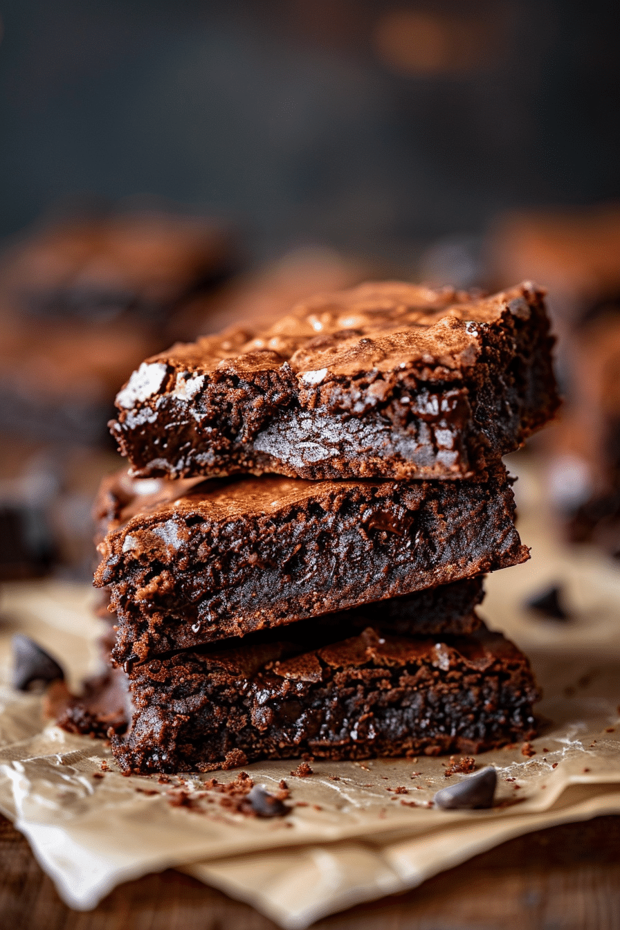 fudgy homemade brownies with crackly tops stacked on parchment paper
