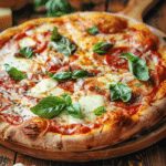 homemade pizza with crispy crust and melted cheese served on wooden board