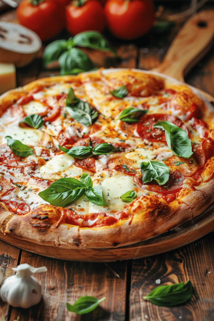 homemade pizza with crispy crust and melted cheese served on wooden board
