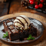 fudgy brownie served with vanilla ice cream and chocolate drizzle