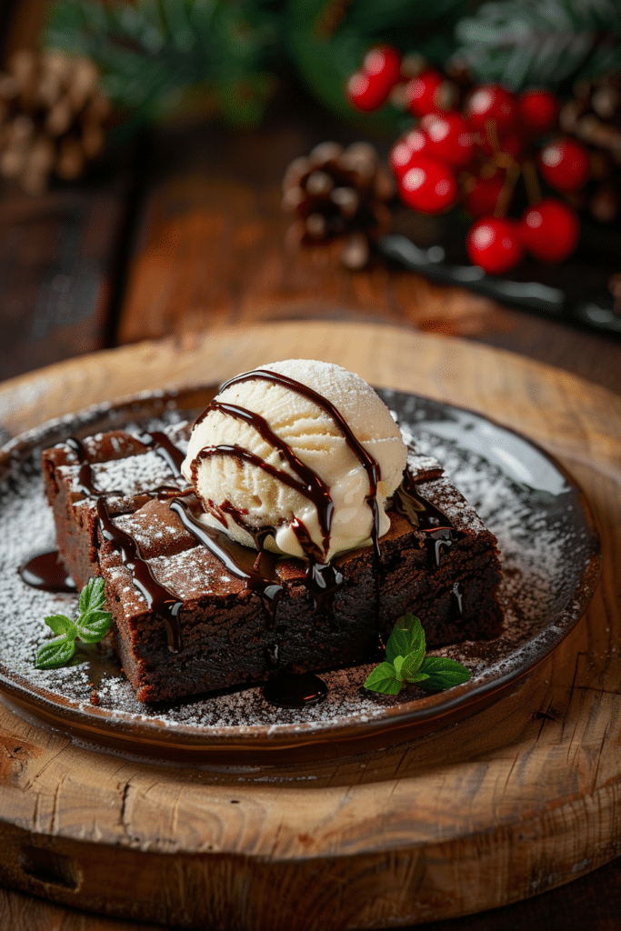 fudgy brownie served with vanilla ice cream and chocolate drizzle