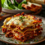 baked homemade lasagna served with salad and garlic bread