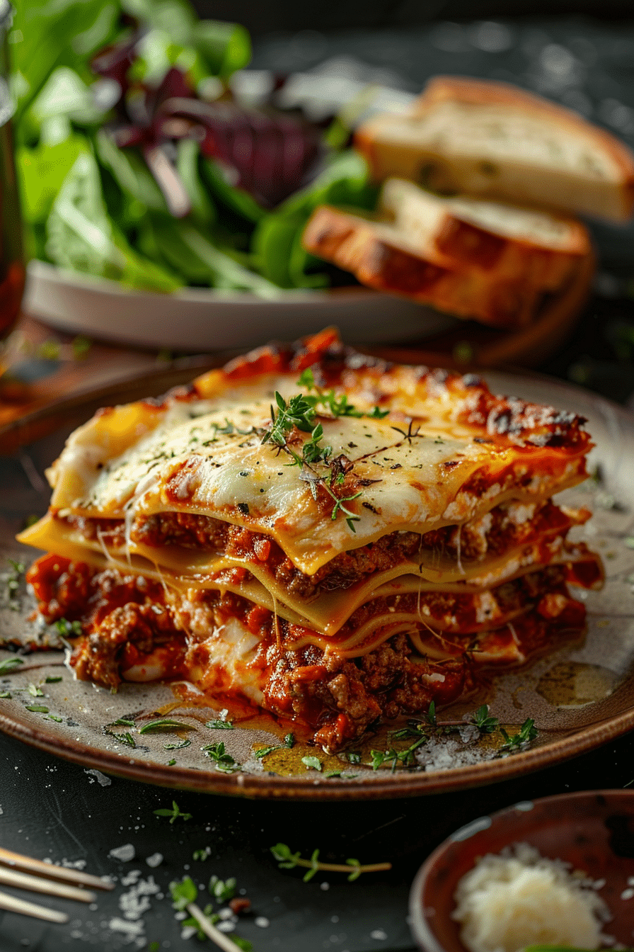 baked homemade lasagna served with salad and garlic bread