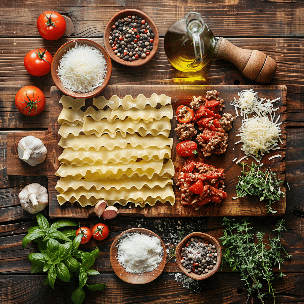 lasagna ingredients including noodles ricotta mozzarella beef sausage tomatoes garlic and herbs