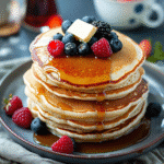fluffy pancakes served with maple syrup berries and butter