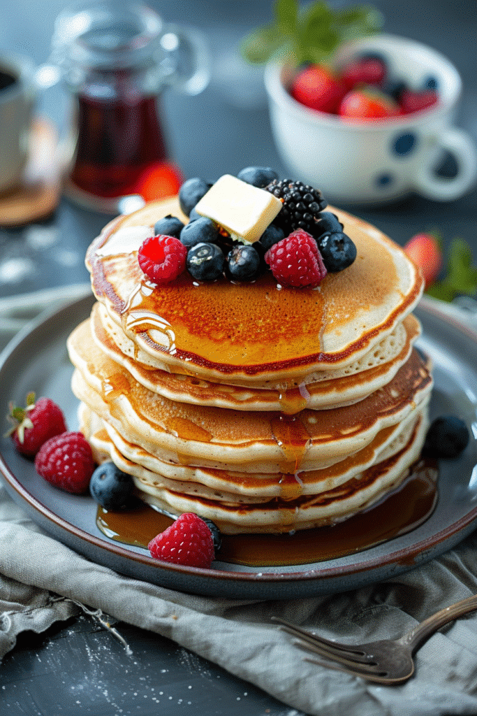 fluffy pancakes served with maple syrup berries and butter
