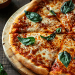 homemade pizza dough being stretched on wooden countertop