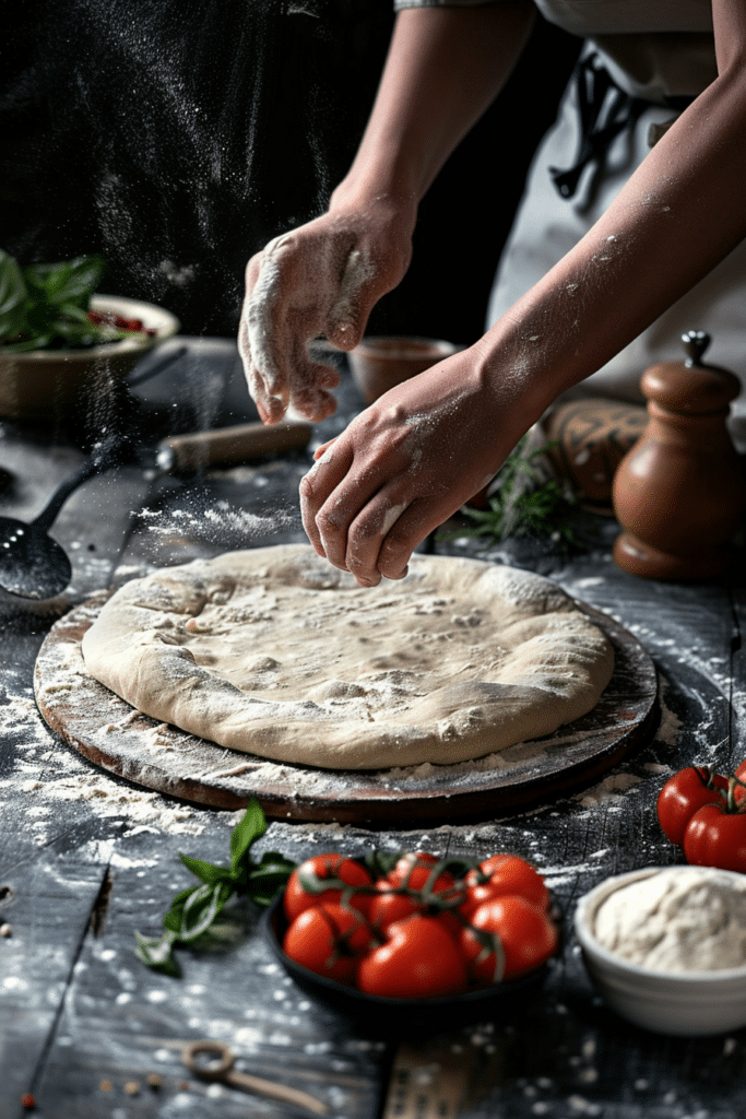 hands kneading pizza dough on floured surface