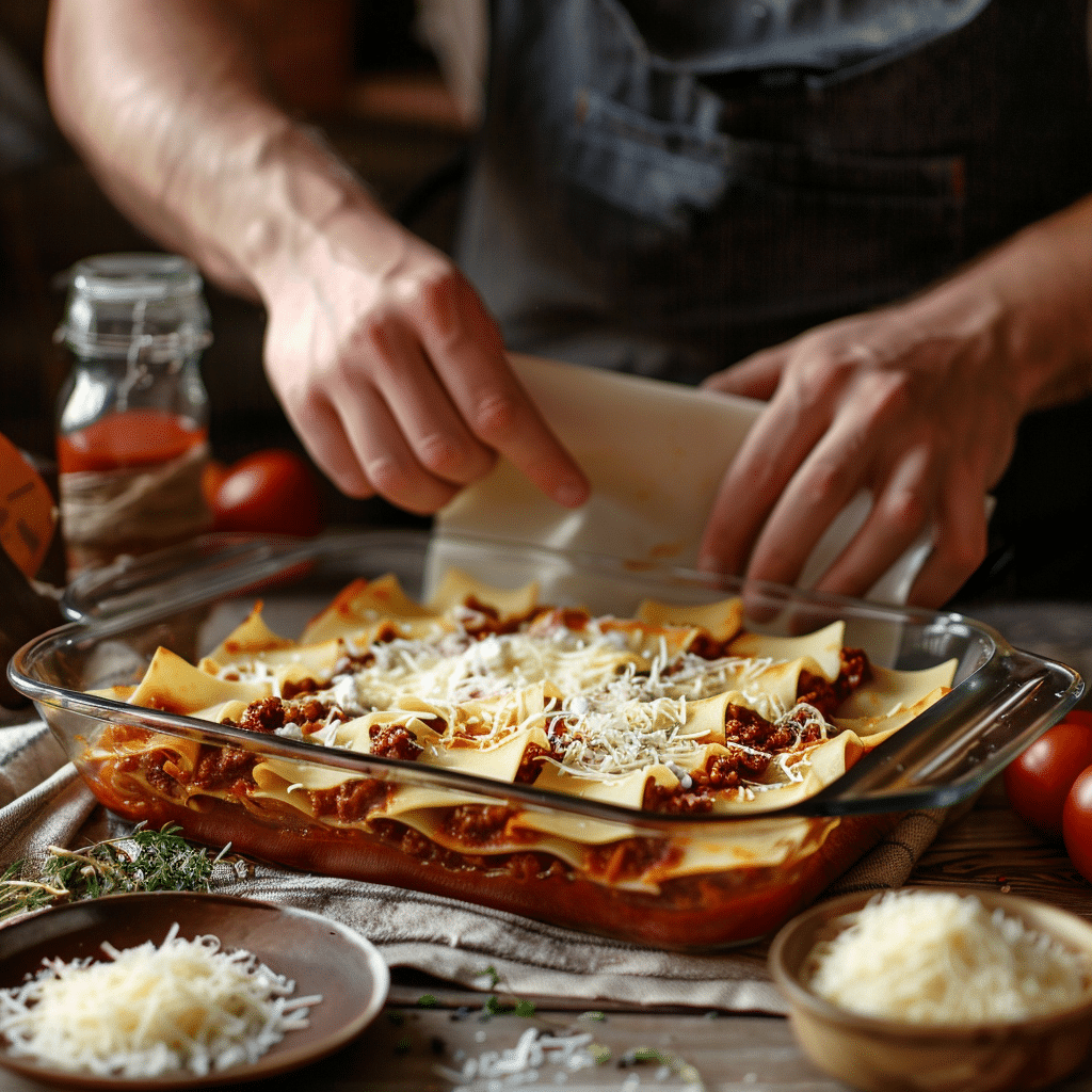layering lasagna noodles ricotta cheese meat sauce and mozzarella in baking dish