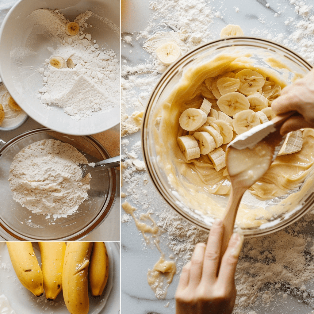 banana bread batter mixed in a bowl with mashed bananas and flour