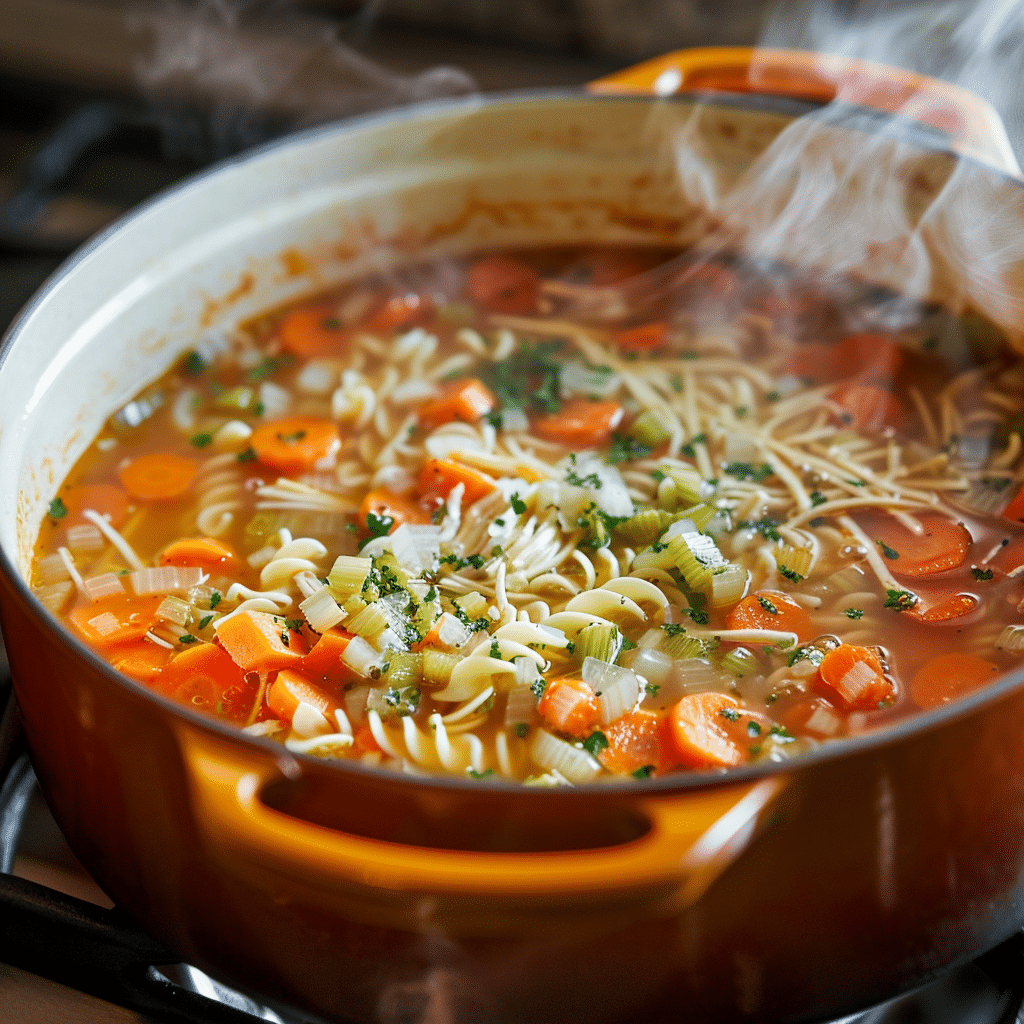 chicken noodle soup simmering in a pot with vegetables and noodles