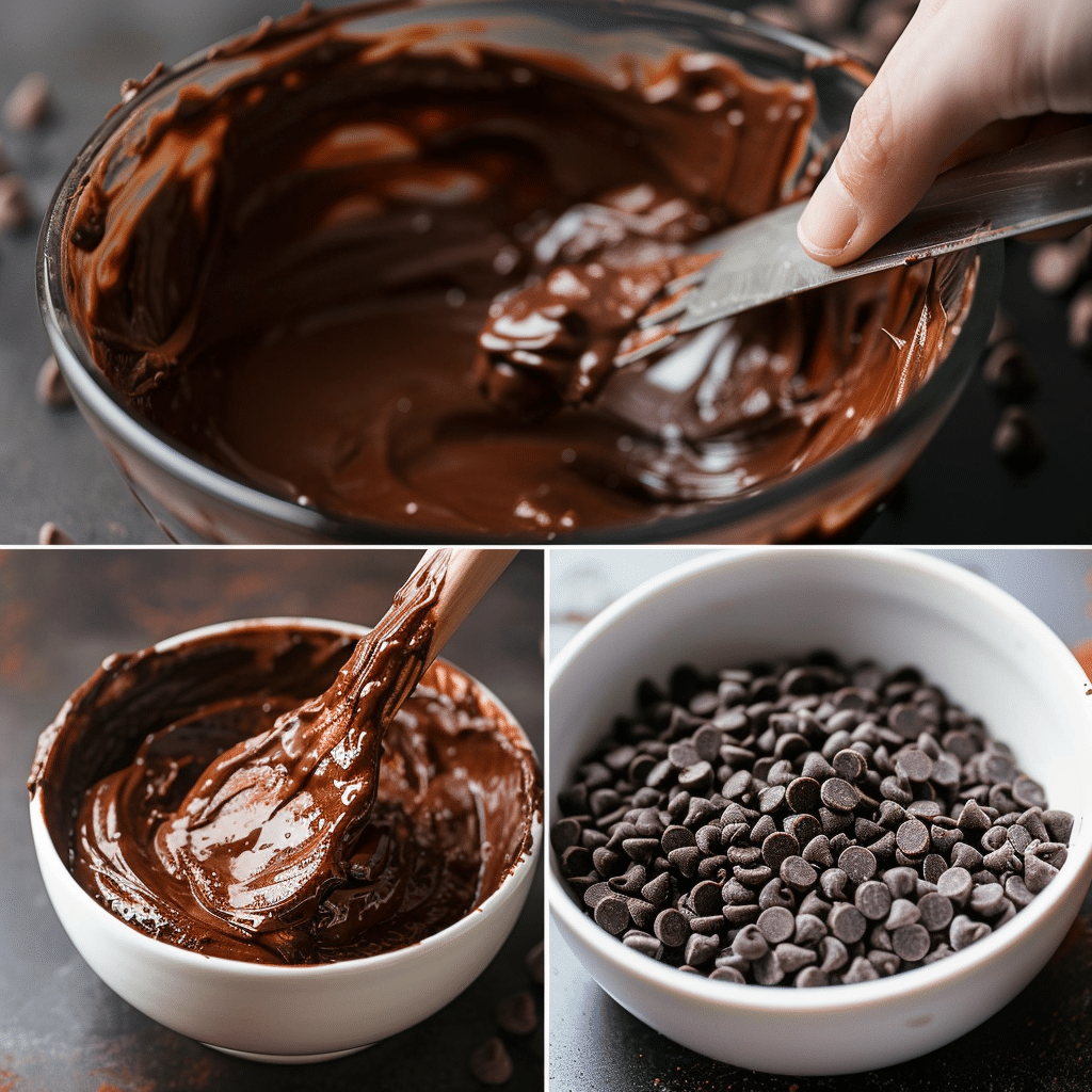 chocolate muffin batter being mixed with cocoa and chocolate chips