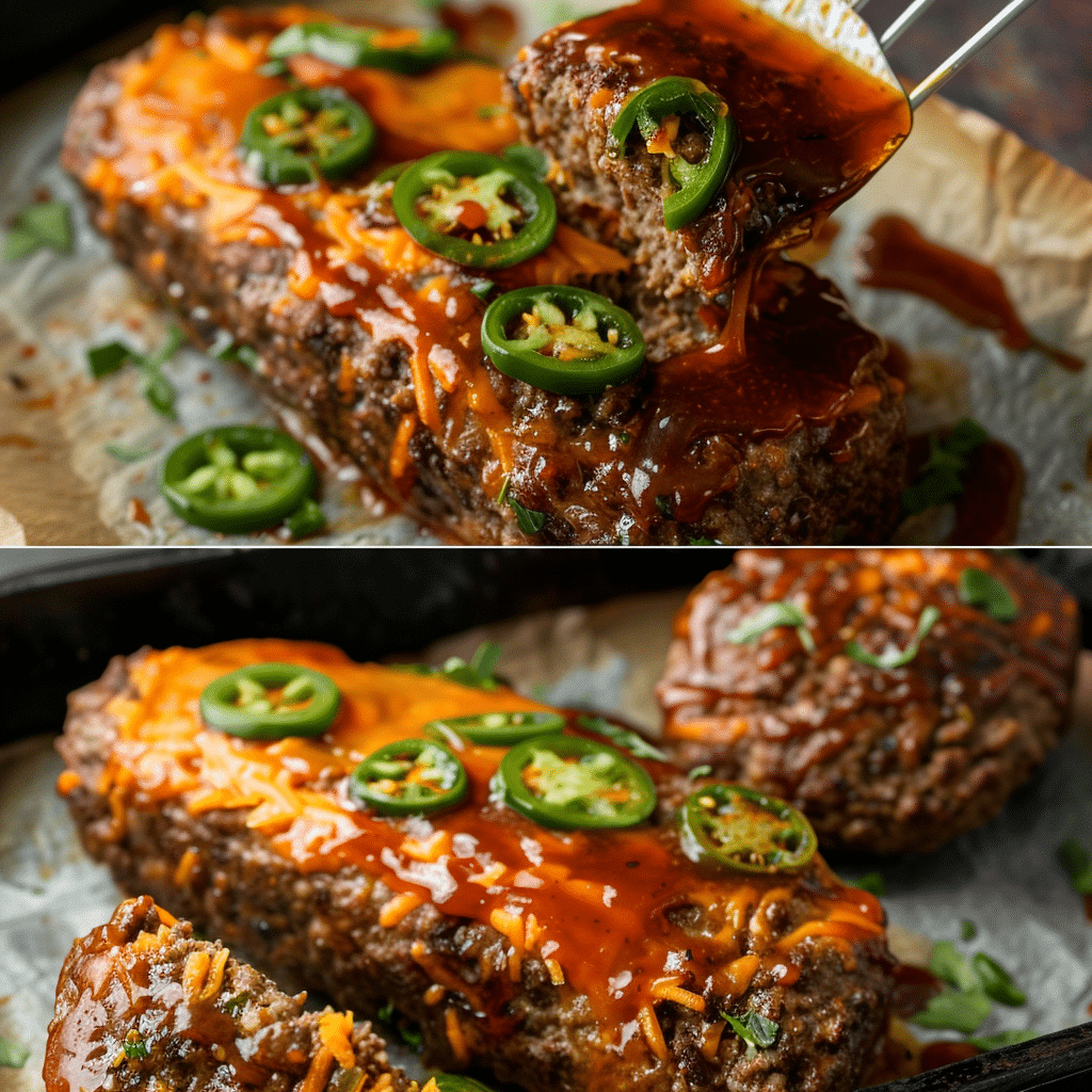 stuffed meatloaf filled with cream cheese cheddar and jalapeños before baking