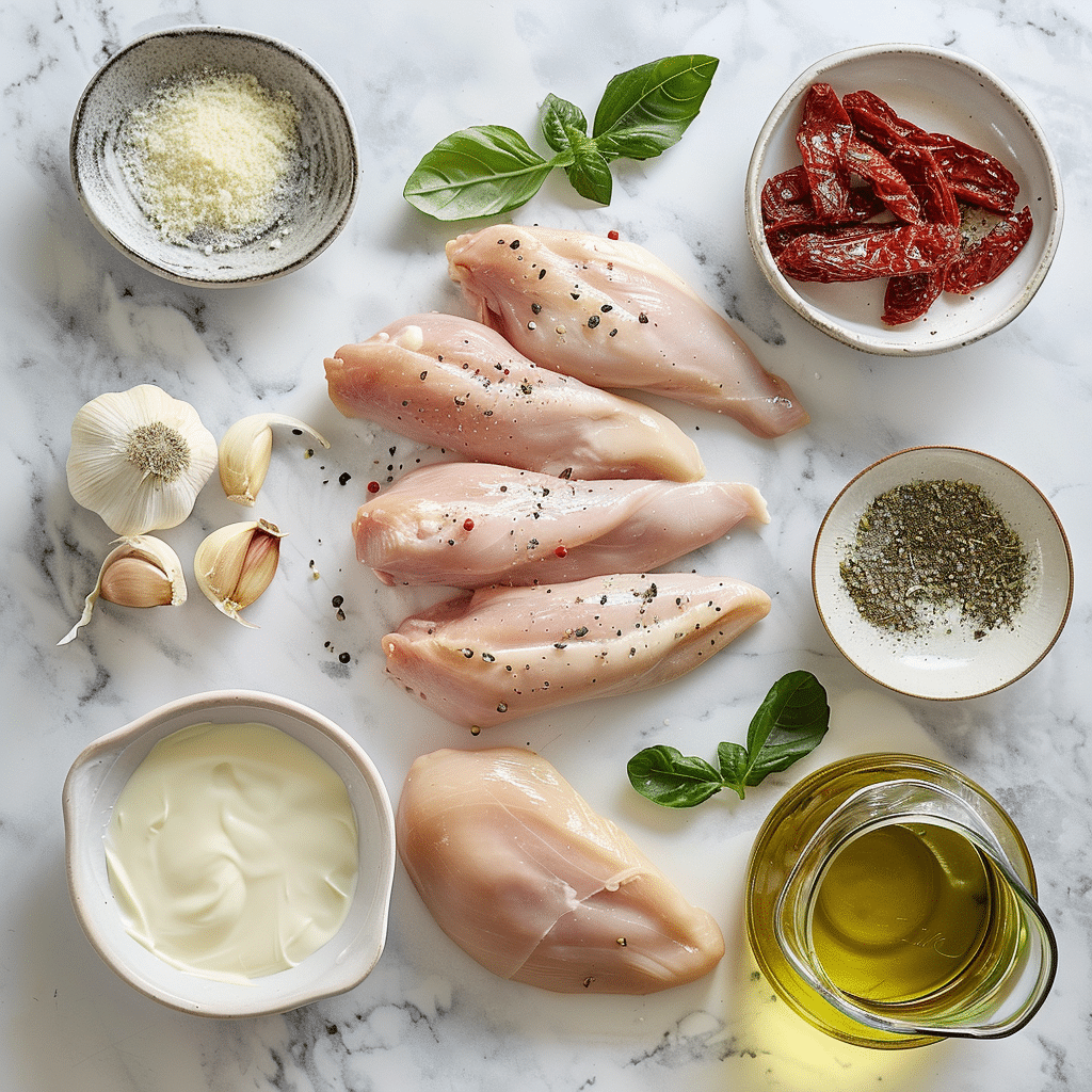ingredients for marry me chicken including chicken parmesan cream and sun-dried tomatoes