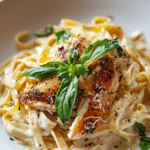creamy marry me chicken served over pasta with basil garnish