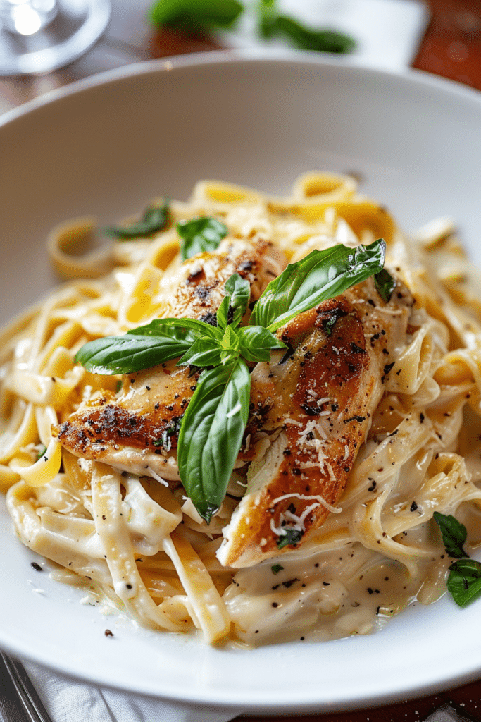 creamy marry me chicken served over pasta with basil garnish