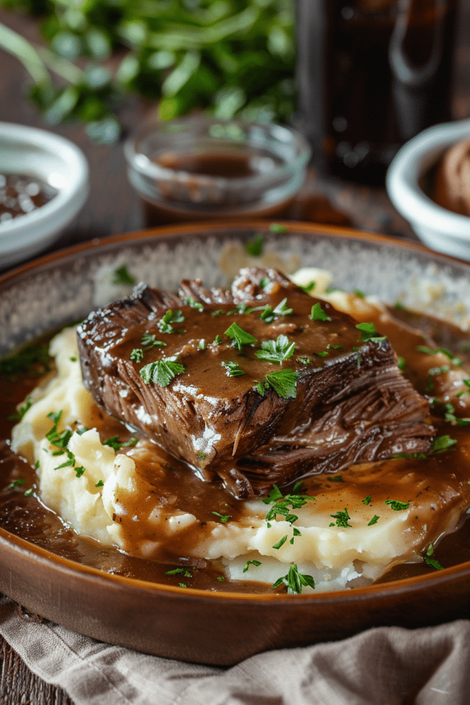 How to Make the Best Mississippi Pot Roast: A Step-by-Step Guide 9 Mississippi pot roast served over mashed potatoes with gravy