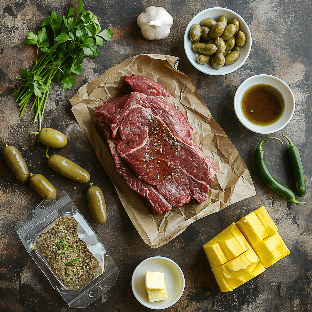 How to Make the Best Mississippi Pot Roast: A Step-by-Step Guide 7 ingredients for Mississippi pot roast including chuck roast ranch seasoning butter and pepperoncini