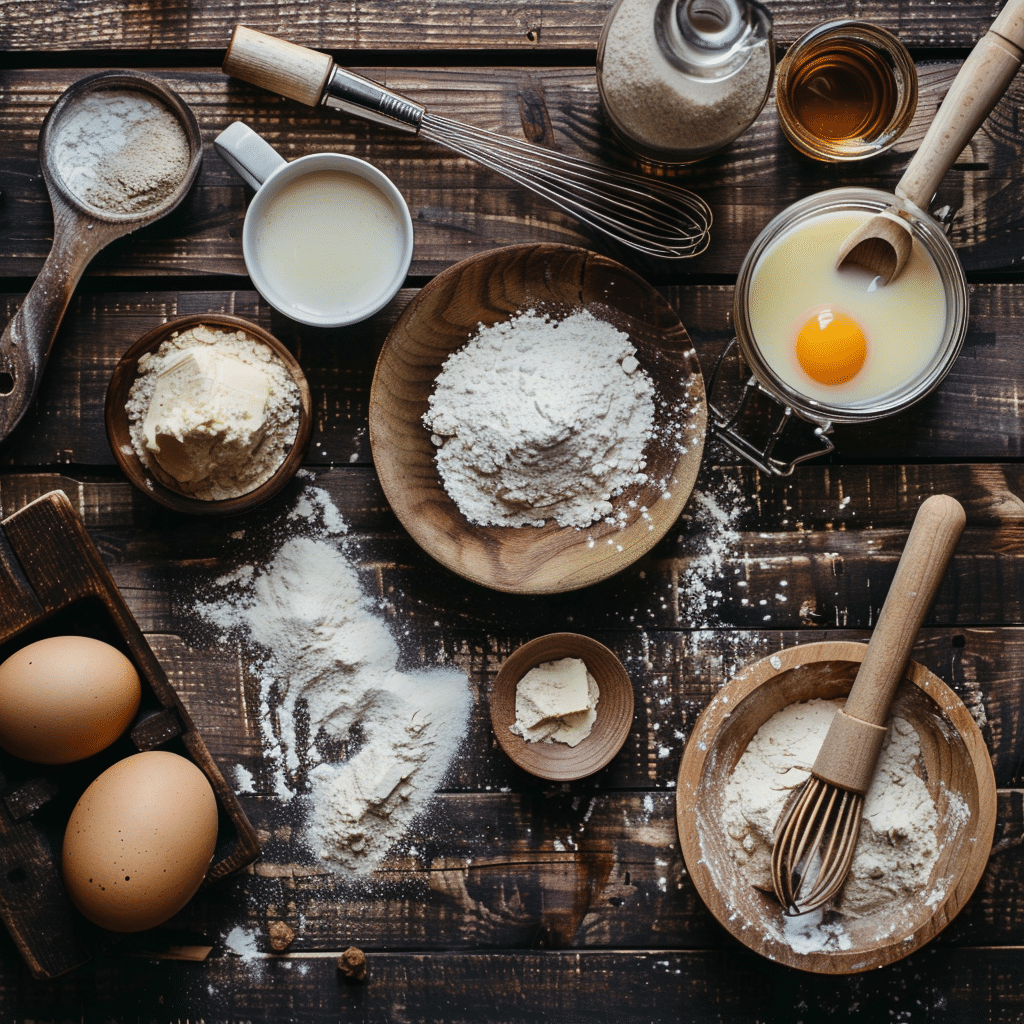 ingredients for homemade pancakes including flour eggs milk butter and vanilla