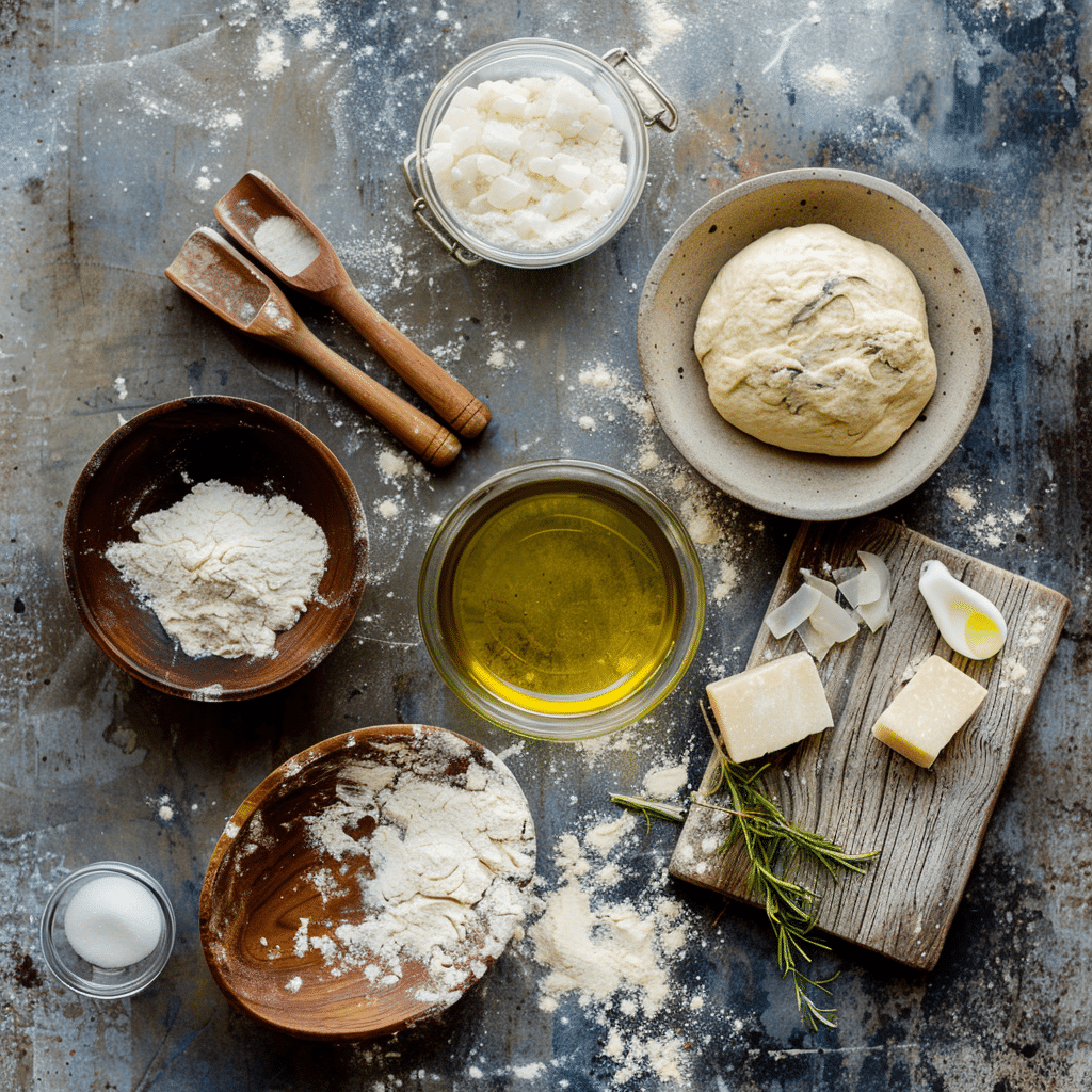 ingredients for homemade pizza dough including flour yeast olive oil and water